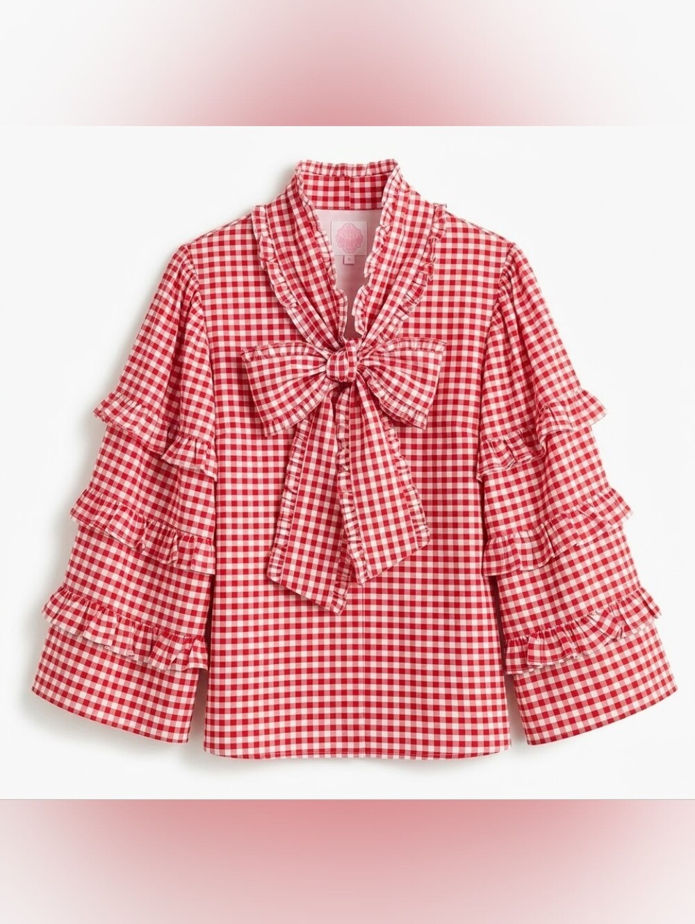Elizabeth Wilson Red and White Gingham Bow-Front Blouse 100% Cotton Size S